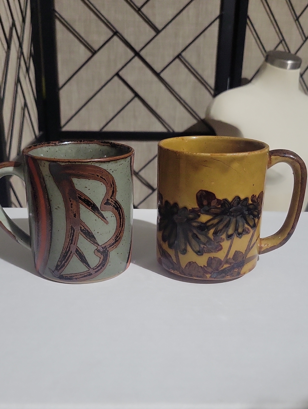 SET OF 2 VINTAGE Handmade Ceramic Mugs Set - Sage Green & Mustard Yellow